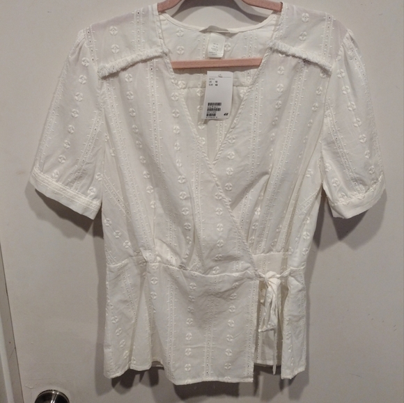 NWT H&M Women's Cream Embroidered Eyelet Peplum Wrap Top Sz 10 Cottagecore - Picture 1 of 7